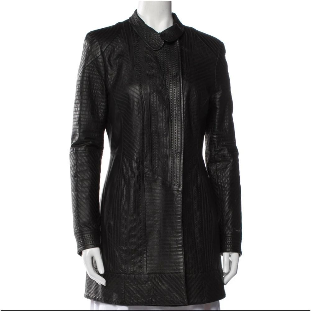 Elie Tahari Genuine Lambskin Patchwork Leather Coat in Black Size 2X